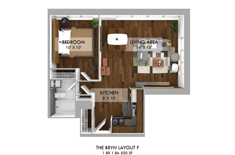 Floor plan for 1 bed, 1 bath, 500 sqft
